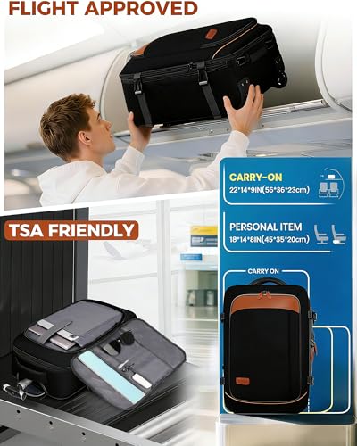 Vancropak Travel Backpack with Wheels, Rolling Backpack Fits 17.3" Laptop | Flight Approved Wheeled Luggage, Expandable Business Travel Suitcase, Womens Work Backpack, 3 Packing Cubes, Water Resistant - color: Black Brown