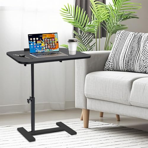 Adjustable Overbed Table, Overbed Bedside Table with Hidden Casters, 360° Swivel C Shaped Side Table, Mobile Laptop Computer Standing Desk for Home and Hospital Use (Black) - color: Black