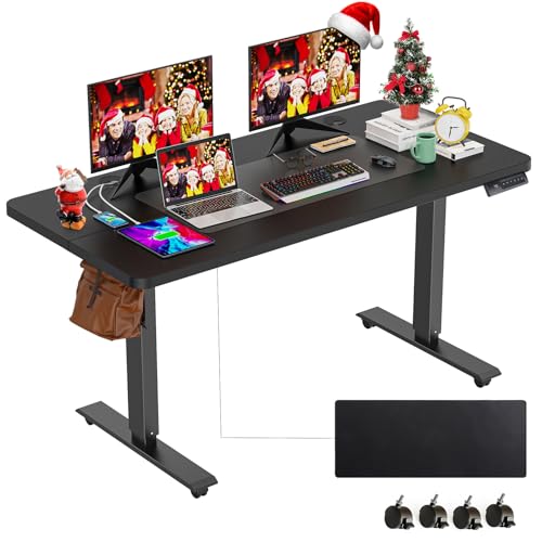 farexon Electric Standing Desk Adjustable Height, 55 x 24 Inch Stand up Desk with Large Mouse Pad, Rolling Wheels & Foot Pad,27''-46'' Lifting Range Home Office Computer Desk(Black) - color: Black, size: 55 x 24''