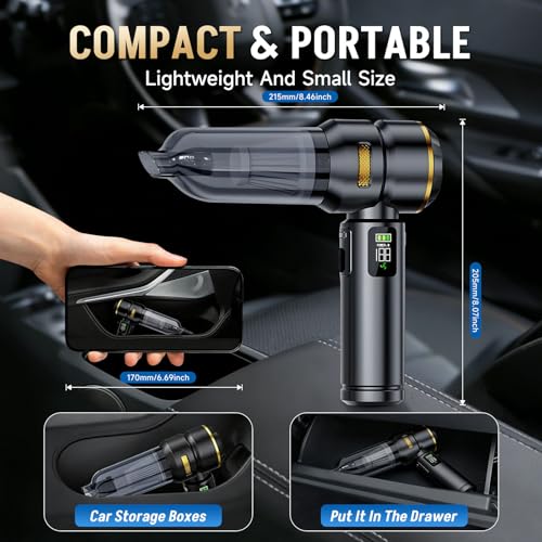 Handheld Car Vacuum Cordless, 17000PA Mini Car Vacuum Portable Cordless, Brushless Motor with Digital Display, Car Vacuum Cleaner for Office Desk Home Kitchen Car Pet Hair, Travel