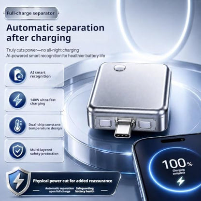 140W Smart Auto Stop Charging Adapter AI Auto Power Off Fast Charging Adapter Physical Disconnect Battery Guard Anti-Overcharge Safety Bridge for USB C Cable Phone Laptop
