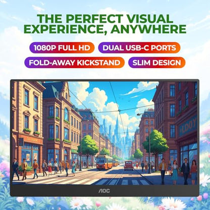 AOC 16" Portable Monitor FHD 60Hz USB-C IPS Ultra Slim Kickstand 16T30 | 1920×1080 Computer Monitor, USB-C 3.2, Mini HDMI, Built-in Speakers, Kickstand, Ultra Slim, VESA Mount, Low Blue Light - size: 15.6 inch Kickstand