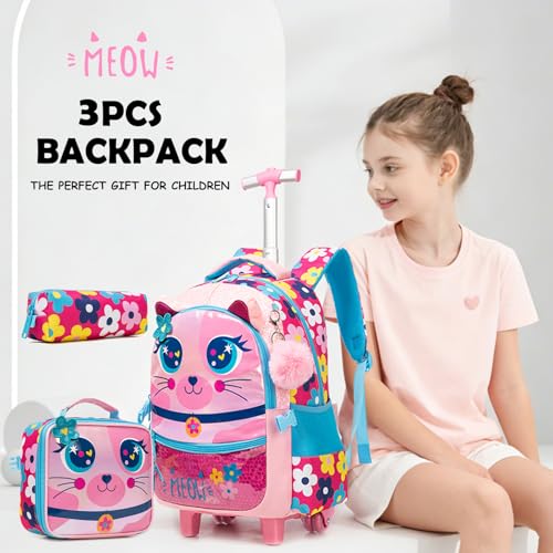 Kids Big-Eyed Cat Rolling Backpack for Girls, School Bags Pink | Trolley Suitcases Luggage Travel with Wheels, Wheeled 3PCS Roller Backpacks Set, Toddler Back Pack, School Bags Elementary - color: Pink-0121-maomi