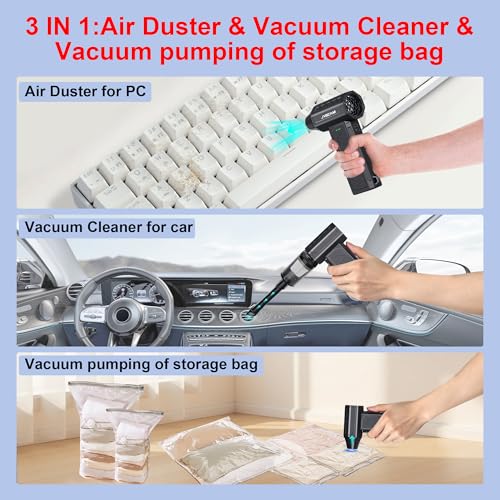JVSCAM Compressed Air Duster,150000RPM Electric Air Duster, Vacuum Cleaner & Bag Vacuum 3-in-1, Rechargeable with 3-Gear Adjustable Wind Speed for Keyboard,Computer,Car,Home and Storage Bag Sealing