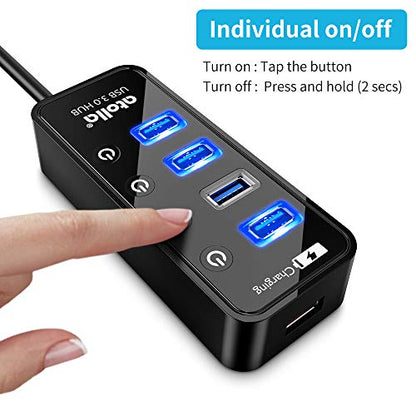 USB 3.0 Hub, atolla 4 Ports Super Speed USB 3 Hub Splitter with On Off Switch with 1 USB Charging Port (Cable Length 2 Feet, No AC Adapter) (4-Port hub)