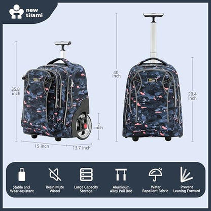 NEW TILAMI 20 Inch Rolling Backpack for School Stair-Climbing Big Wheel | Teen Boys Girls Carry-on Suitcase Large Organizer Compartment 15.6 Laptop Sleeve Adjustable Handle Roller Travel Bag College - color: Grey Stone