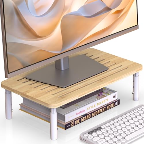 Bamboo Monitor Stand Riser, 4 Adjustable Height,Easy Assembly | Laptop Stand with Airflow Vents, Desk Organizer for Computer, PC, Printer