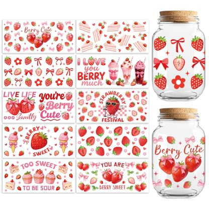 Strawberry Cakes UV DTF Cup Wraps, 10 Sheets Transfer Sticker | Waterproof UV DTF Stickers, Custom Vinyl Decals for 16oz Coffee Cups Tumblers Bottles Mugs, DIY Gifts & Crafts - style: Strawberries with Cakes and Bows