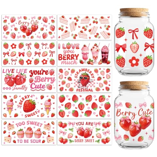 Strawberry Cakes UV DTF Cup Wraps, 10 Sheets Transfer Sticker | Waterproof UV DTF Stickers, Custom Vinyl Decals for 16oz Coffee Cups Tumblers Bottles Mugs, DIY Gifts & Crafts - style: Strawberries with Cakes and Bows