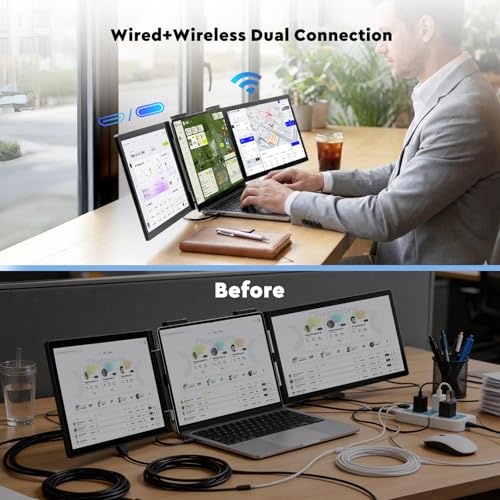 Wireless Triple Portable Monitor，Laptop Screen Extender 14", Wired Left Screen & Wireless Right Screen, 1080P FHD IPS Display Compatible with Mac M1 M2 M3 M4 Windows Android, Fits 14"-16" Laptops