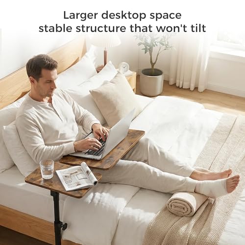 YUHFERA Rolling Table for Laptop Stand, Height and Angle Adjustable Over Bed Table with Wheels, Tilt-Top Laptop Desk for Couch with Cup Holder, Bed Table Tray for Eating (Brown) - color: Brown