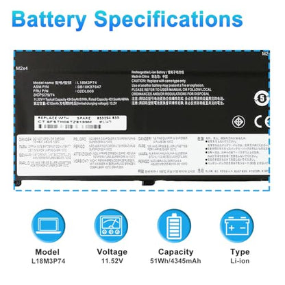 51Wh L18M3P74 L18L3P73 L18C3P72 L18M3P73 Laptop Battery Replacement for Lenovo ThinkPad T14 Gen1/Gen2 ThinkPad T490/T495/P43S/P14s Series 02DL007 SB10K97646 11.55V 4372mAh - size: 10.23*3.34*0.39inch L18M3P74