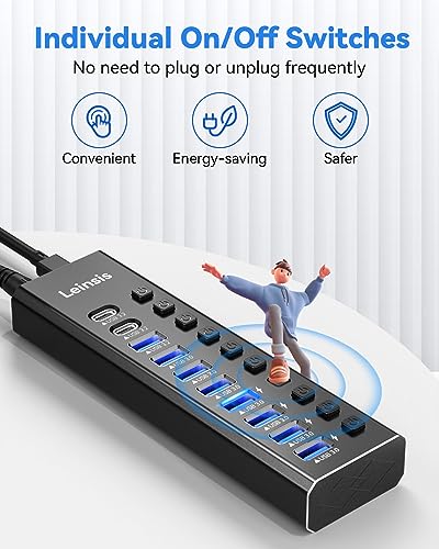 Powered USB Hub 3.2, LEINSIS 10-Port USB 3.2/USB C Hub (10Gbps USB-A 3.2 +2 USB-C 3.2 +7 USB 3.0 Ports) with Individual On/Off Switches and 12V Power Adapter, Aluminum USB Hub Powered for Laptop PC - size: 10-Port USB 3.2 Hub