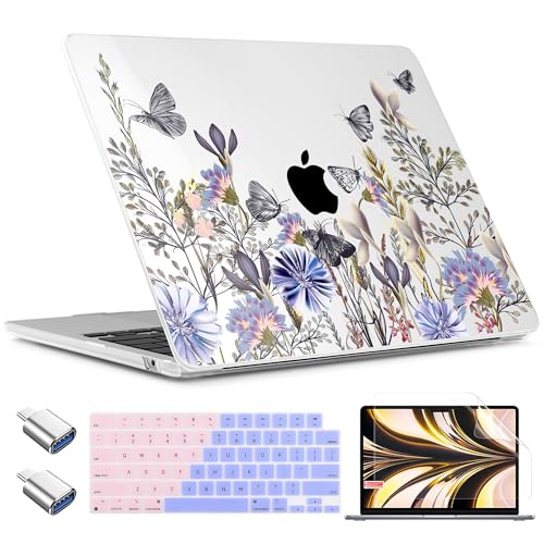 TWOLSKOO for MacBook Air 15 inch Case 2026 2025 2024 2023 Release M5 A3448 M4 A3241 M3 A3114 M2 A2941, Plastic Hard Shell & Screen Protector & Keyboard Cover & Type C Adapter, Garden Flower - color: Garden Flower