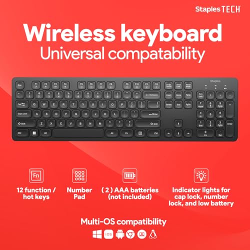 Staples TECH Slim Wireless Keyboard, Full‑Size 104‑Key, Quiet Scissor Keys, USB Receiver, Black - style: Full Size