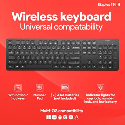 Staples TECH Slim Wireless Keyboard, Full‑Size 104‑Key, Quiet Scissor Keys, USB Receiver, Black - style: Full Size