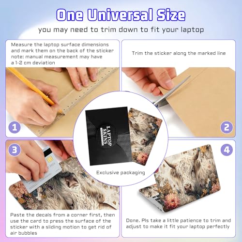 Universal Laptop Skin Sticker Decal, Compatible with MacBook HP Dell Lenovo 12"-15.6", Reusable Vinyl Notebook Cover 3PCS Set, High-Recognition Film-Highland Cow with Flower - color: Highland Cow with Flower