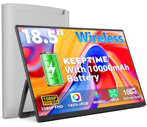 KEEPTIME Wireless Portable Monitor with Battery 10000mAh, 18.5" 100Hz 1080P | Exterder Monitor with Stand, Bag &VESA, Support AirPlay Miracast, 145% sRGB, Second Screen for Laptop, Phone, Game Consoles - color: dark black