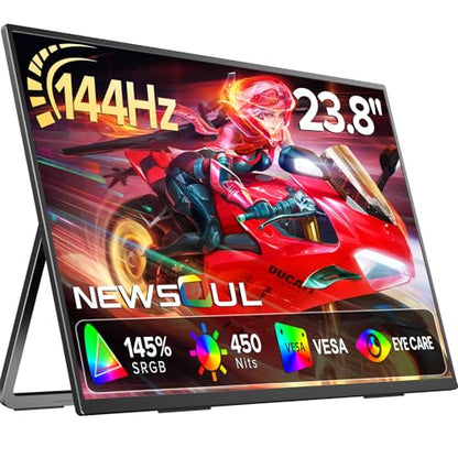 Newsoul 23.8'' Portable Monitor 144Hz Gaming Monitor, 145% sRGB | 2000:1 | FreeSync Built-in Adjustable Stand, Speaker and VESA, USB-C HDMI Large Second Screen for Laptop, Mac-Book, PC, Game Console - size: 23.8-inch