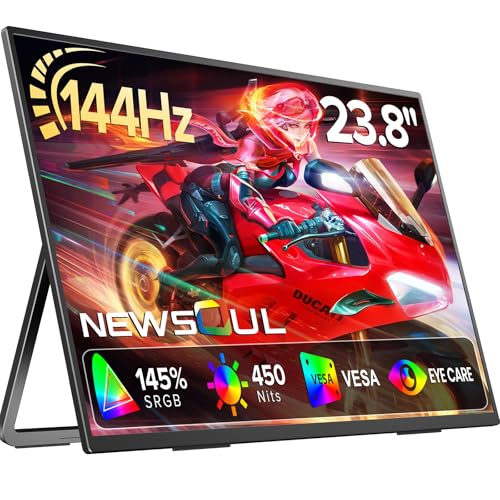 Newsoul 23.8'' Portable Monitor 144Hz Gaming Monitor, 145% sRGB | 2000:1 | FreeSync Built-in Adjustable Stand, Speaker and VESA, USB-C HDMI Large Second Screen for Laptop, Mac-Book, PC, Game Console - size: 23.8-inch