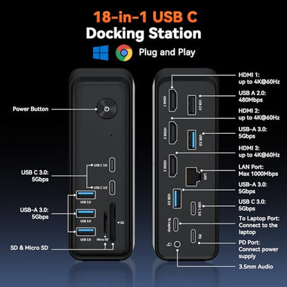 TobenONE 18 in 1 USB C Docking Station 3 Monitors 4K@60Hz, Laptop Docking Station with 100W Power Adapter, Triple Monitors with 3 HDMI, 9 USB Ports, Gigabit Ethernet, for Windows and Chrome OS