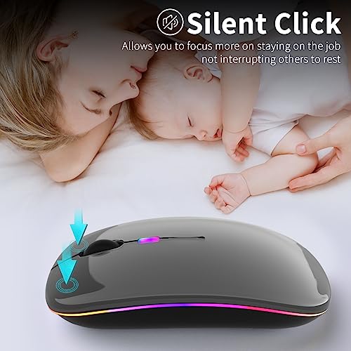 KANMABPC Wireless Bluetooth Mouse – Rechargeable, Silent, Dual Mode (Bluetooth 5.2 & USB) with LED Lights – Portable for Laptop, Desktop, & Tablet(Grey) - color: grey
