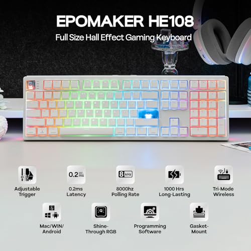 EPOMAKER HE108 Wireless Gaming Keyboard, 8K Polling & 10000mAh, SOCD & DKS | Full-Sized Hall Effect Keyboard with Rapid Triggering, Custom Driver, RGB Backlit, PBT Keycap (White) - color: White