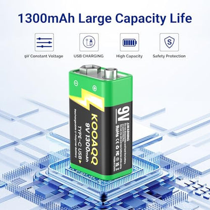 2-Pack Rechargeable 9v Batteries, USB-C Recharge 1300mAh 9 Volt Lithium-ion Long Lasting Power for SmokAlarms, Microphones, Multimeters, Walkie-Talkie, Metal Detector, Toys, with 2 in 1 Charging Cable - size: 2-Pack