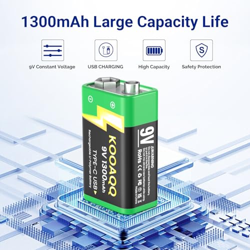 6-Pack Rechargeable 9v Batteries, USB-C Recharge 1300mAh 9 Volt Lithium-ion Long Lasting Power for SmokAlarms, Microphones, Multimeters, Walkie-Talkie, Metal Detector, Toys, with 2 in 1 Charging Cable - size: 6-Pack