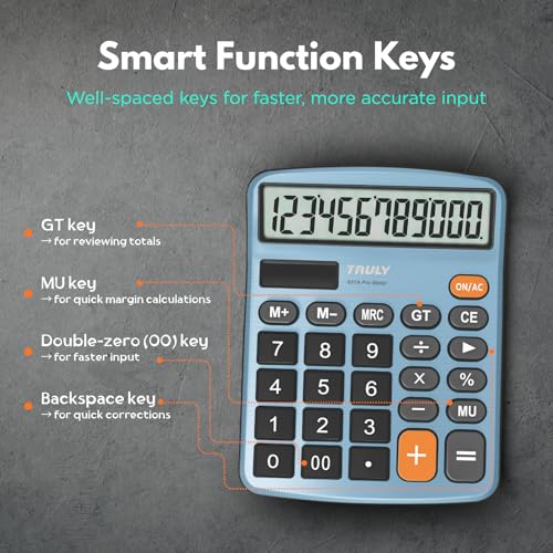 TRULY 12-Digit Desktop Calculator with Large Display, Big Buttons, Dual Power (Solar + Battery), Metal Finish, Ideal for Office, Home, School – 837A Pro Light Blue - color: Light Blue