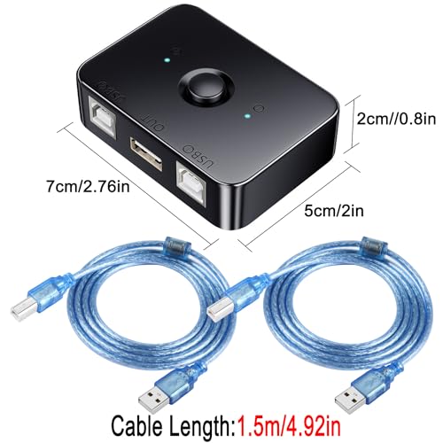 QIANRENON USB2.0 Printer Sharer Switcher 2 Port USB B Print Selector Switch Adapter, 2 Computer Share 1 Printer Manual Switcher, with LED Light, Including 2 * 1.5m Print Cable