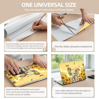 Universal Laptop Skin Sticker for 12/13/14/15.6 Inch Laptops, Reusable Vinyl Laptop Decal Cover, Waterproof Scratch Resistant Notebook Skin with 2 Wrist Pads,Cute Elephant - color: Cute Elephant