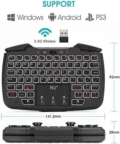 Rii RK707 3 in 1 Multifunctional 2.4GHz Wireless Portable Game Controller | 62-Key Rechargeable Keyboard Mouse Combo Turbo Vibration Function for PC/Raspberry pi2/Android TV Google/TV B