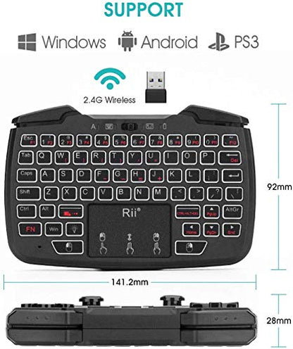 Rii RK707 3 in 1 Multifunctional 2.4GHz Wireless Portable Game Controller | 62-Key Rechargeable Keyboard Mouse Combo Turbo Vibration Function for PC/Raspberry pi2/Android TV Google/TV B