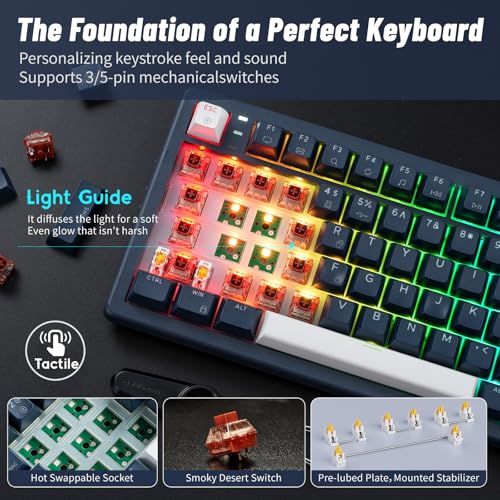 Hexgears E4Pro Wireless Creamy Mechanical Keyboard with Number Pad, Hot Swappable Custom Keyboard with Wrist Rest,Pre-lubed Tactile Switches,Gasket Structure,RGB Backlit Gaming Keyboard (Dark Blue) - color: Dark Blue-99keys, size: Tactile