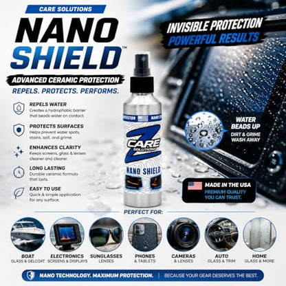 Screen & Glass Cleaner Spray with Ceramic Coating - Hydrophobic Protection for Sunglasses, Boat Screens, Electronics - Streak Free Water Repellent - Nano Shield by Z Care