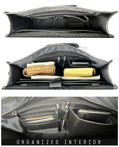 Leather Messenger Bag for Men - 16 Inch Laptop Briefcase, Office Satchel | Fits 16" Laptop & Documents, Top-handle, Removable Shoulder Strap, Brass Fittings, Luggage Sleeve, Organized Pockets - color: Black