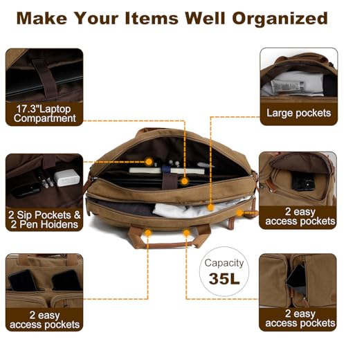 Koolehaoda 3 in 1 Convertible Briefcase Backpack 17.3 inch Laptop Backpack Case Messenger Bag for Men, Multi-Functional Computer Bag for Travel Bussiness Men Women (Coffee) - color: Coffee