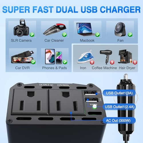 Nilight 300W Power Inverter with 5.4A Dual USB Ports and 2 AC Outlets | 12V DC to 110V AC Car Charger Converter for Phones Tablets Laptop Computer Game Console Kindle iPad DVD Players Black - color: 300W USB*2 110V Outlet*2