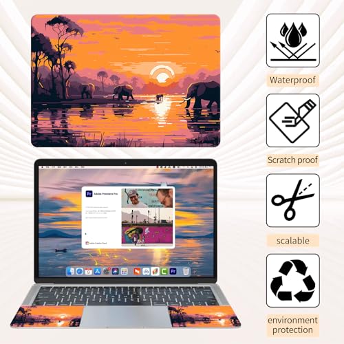 15.6 Inch Laptop Skin Sticker, Reusable Vinyl Cover Protector with 2 Wrist Pad Skins, Removable Waterproof Scratch-Resistant for 12-15.6 Inch Laptop Notebook,Elephants Sunset - color: Elephants Sunset