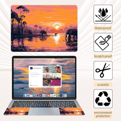 15.6 Inch Laptop Skin Sticker, Reusable Vinyl Cover Protector with 2 Wrist Pad Skins, Removable Waterproof Scratch-Resistant for 12-15.6 Inch Laptop Notebook,Elephants Sunset - color: Elephants Sunset