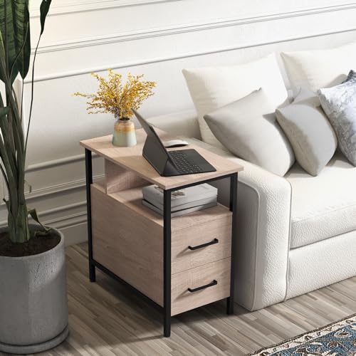 Side Tables with Charging Station, Narrow End Table with 2 Wooden Drawers, USB Ports and Power Outlets, Narrow Nightstand and Bedside Table, Side Tables Living Room, Bedroom, Greige - color: Greige