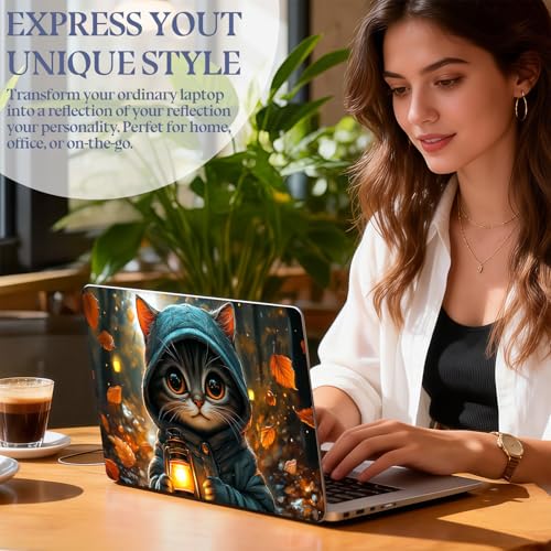 Universal Laptop Skin Sticker Decal,15.6 Inch Laptop Vinyl Cover for 13" 14" 15.6" Laptop,Scratch-Resistant Waterproof Protector Wrap,Reusable with Wrist Pads,Autumn Lantern Cat - color: Autumn Lantern Cat