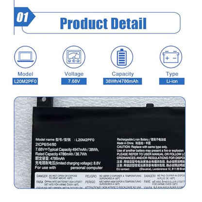 38Wh L20M2PF0 Laptop Battery Replace for Lenovo Ideapad 3-14ITL6 3-15ITL6 3-15ALC6 V14 V15 G2-ITL G2-ALC V17 G4-IRU Series Notebook L20L2PF0 L20B2PF0 7.68V