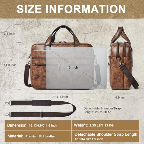 Shrrie Leather Messenger Bag for Men&Women 16 inch Laptop Bag,Water-Resistant Retro Leather Briefcase for Men Business,Work - color: Brown