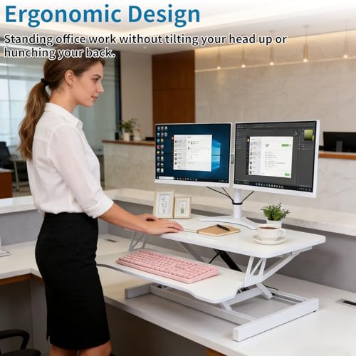 Standing Desk Converter, Height Adjustable, Dual Monitor with Keyboard Tray | Wide Keyboard Tray, Sturdy Construction, Sit-to-Stand Transition, Easy Assembly Tabletop Workstation for Home & Office - color: White, size: 36"