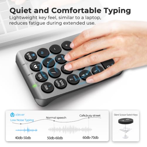iClever Bluetooth Number Pad, 22 Keys Wireless Numeric Keypad, Rechargeable Mini Portable Numpad with Custom Stickers, Financial Accounting, Data Entry, Compatible with Laptop, Mac, Surface Pro, PC - color: Grey / Black