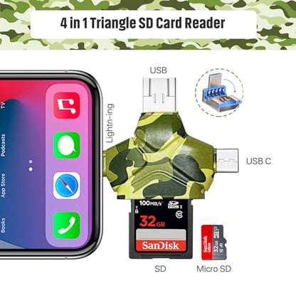 SD/Micro SD Card Reader for iPhone/iPad/Android/Mac/Computer/Camera, 4 in 1 Triangle Portable Memory Card Reader, Compatible with TF Cards&Trail Camera Viewer, Plug and Play, No App Required - color: Camo