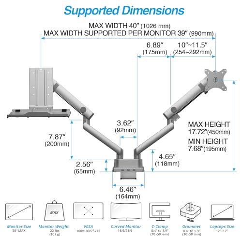 AVLT Laptop & Monitor Arm Desk Mount for 17-38" Screens, USB-C Dock - Gray | Supports flat/curved screens up to 22 lbs each. 12-17" laptop tray, 7-in-1 USB-C dock, HDMI 4K60, Ethernet and 100W PD - color: Gray