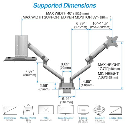 AVLT Laptop & Monitor Arm Desk Mount for 17-38" Screens, USB-C Dock - Gray | Supports flat/curved screens up to 22 lbs each. 12-17" laptop tray, 7-in-1 USB-C dock, HDMI 4K60, Ethernet and 100W PD - color: Gray